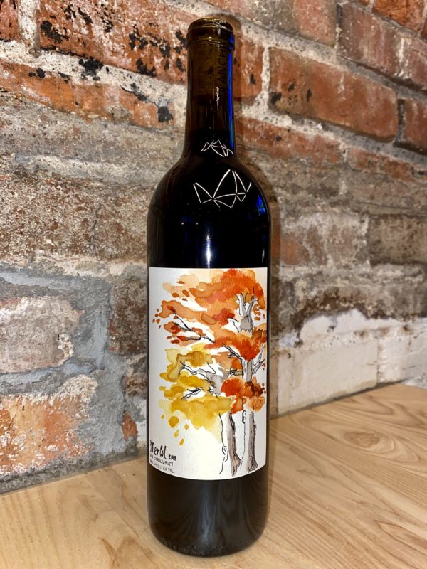 hand painted wine label with fall trees
